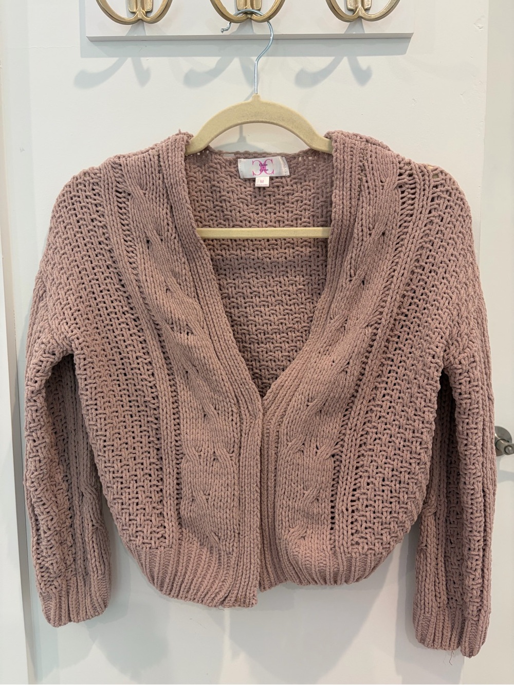 Girls Open Cable Knit Cardigan Sweater - Dusty Rose